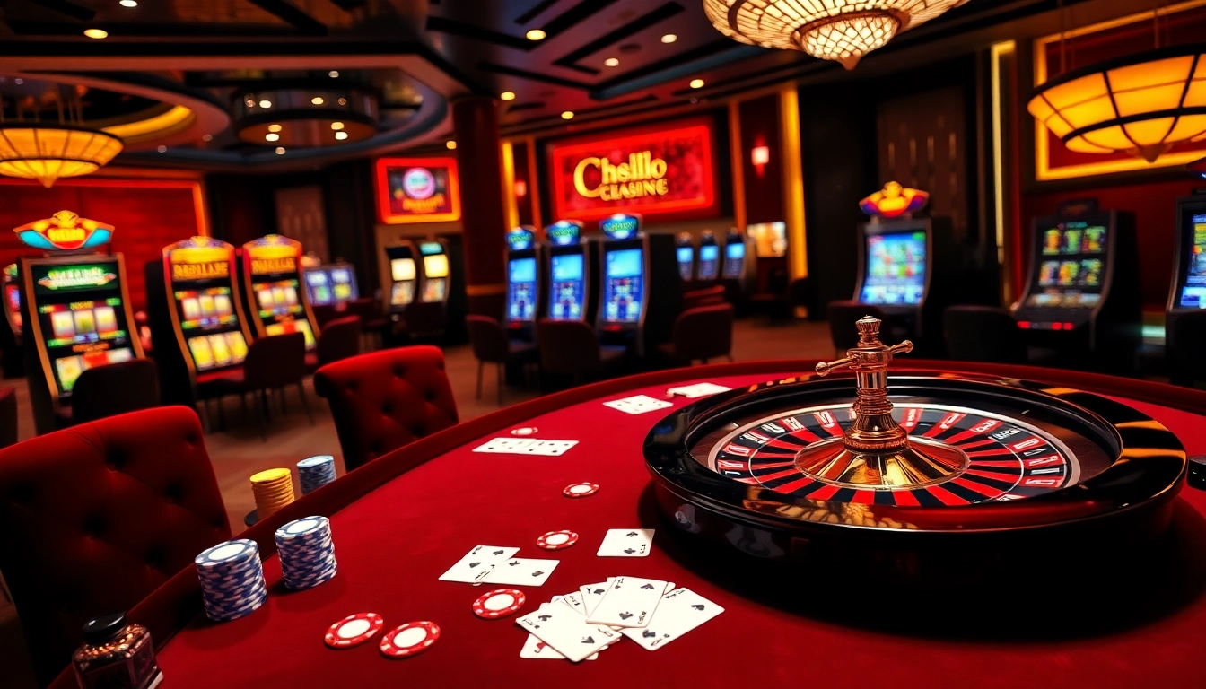 Hello88 vina gaming scene showcasing vibrant chips and a roulette wheel in an upscale casino.