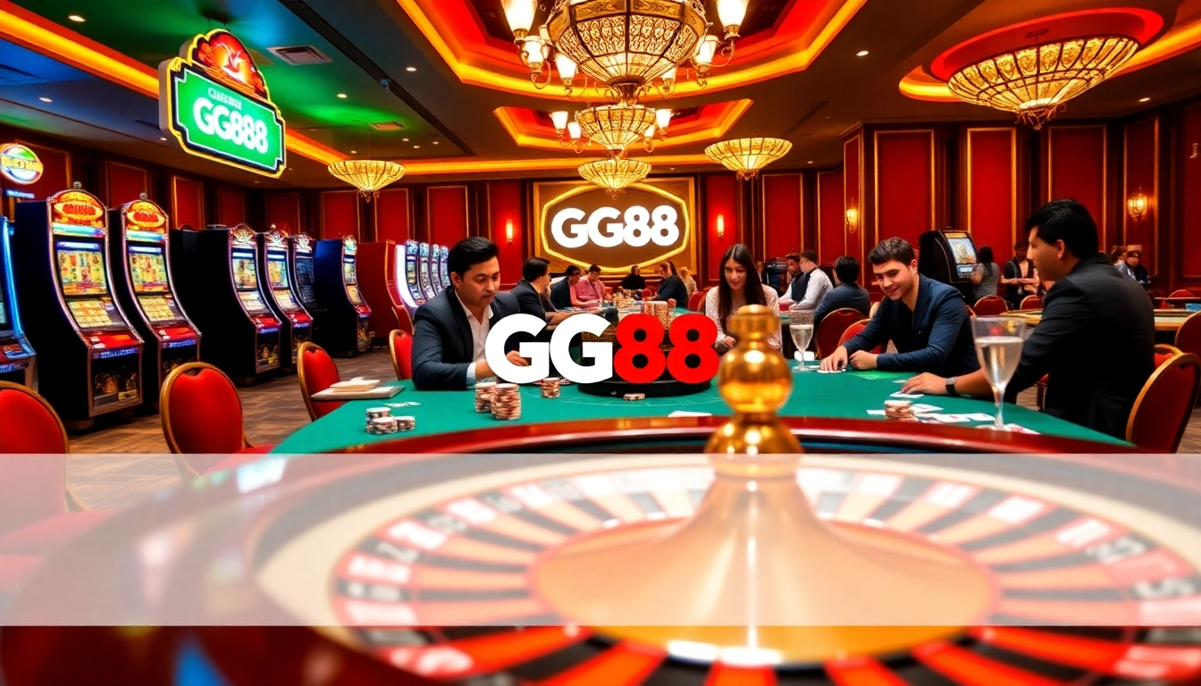 Experience excitement at GG88 with players engaging in thrilling casino activities amidst vibrant slot machines.