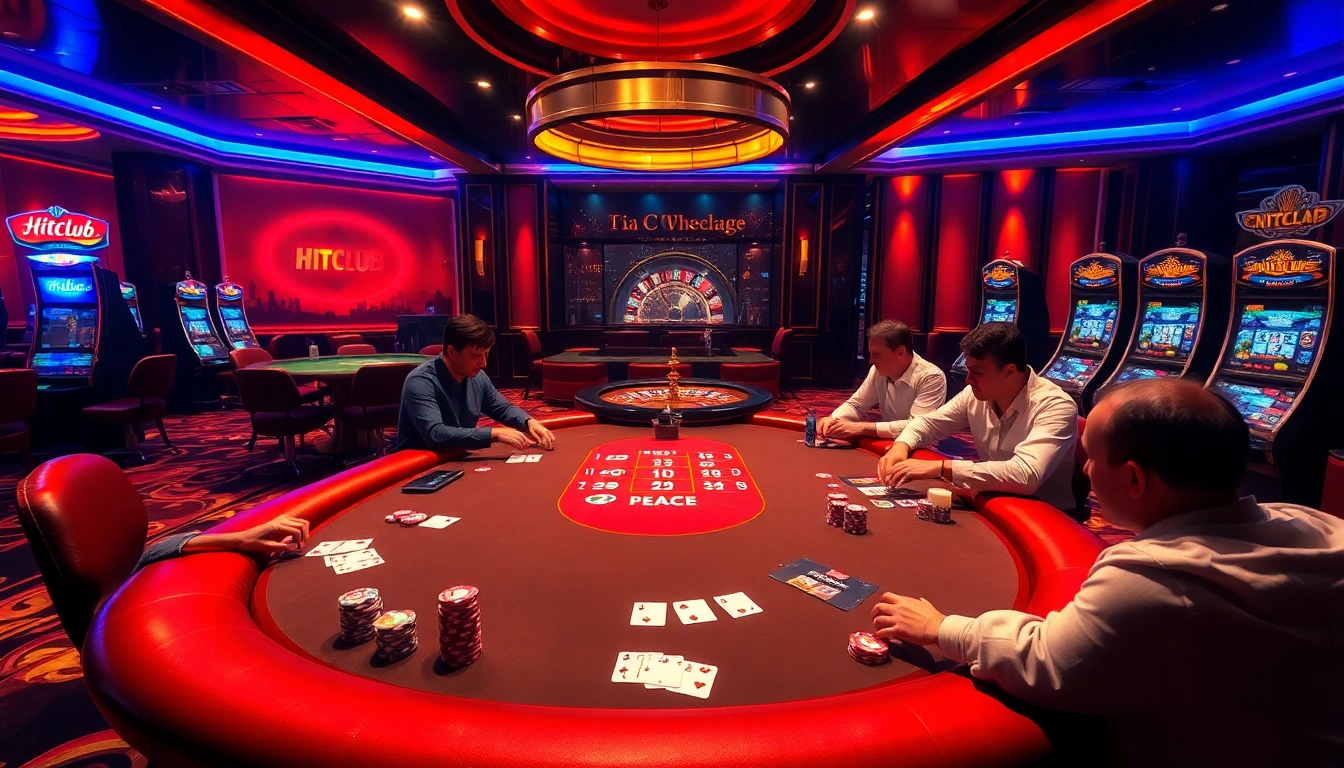 Experience thrilling gaming action at HITCLUB with vibrant poker tables and roulette wheels.