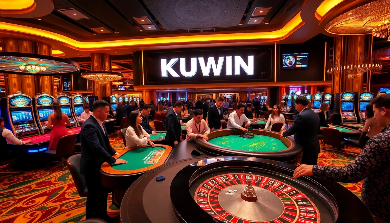Experience thrilling gaming action at KUWIN's modern casino tables, filled with poker chips and excited players.