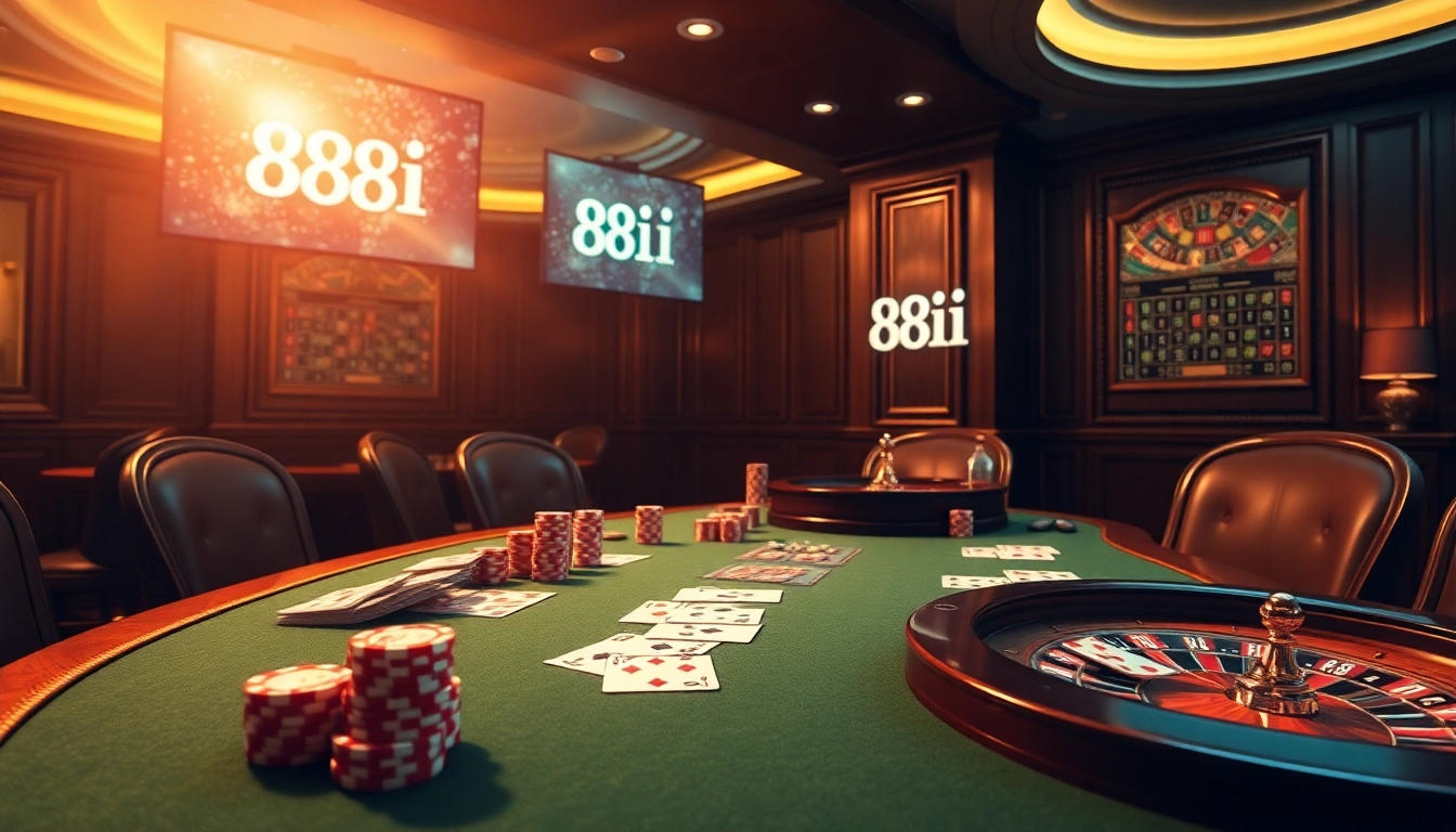 Experience excitement at 88i casino with a vibrant poker table and roulette wheel.