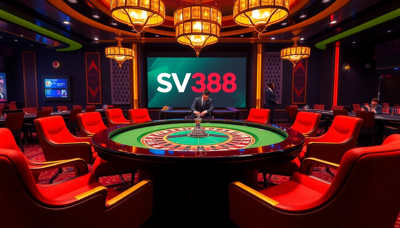 SV388 casino features an upscale roulette table surrounded by engaged players.