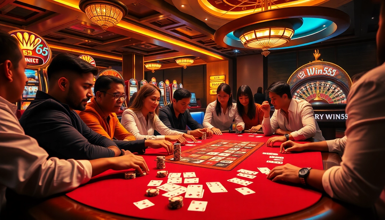 Players in a vibrant Win55 casino atmosphere engage at a luxurious poker table.