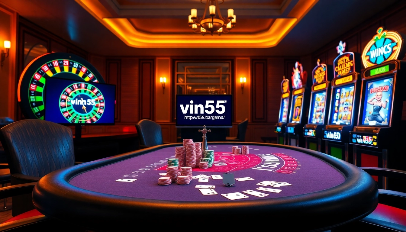 Players experiencing an exciting online casino at https://win55.bargains/ with poker chips and vibrant slots.