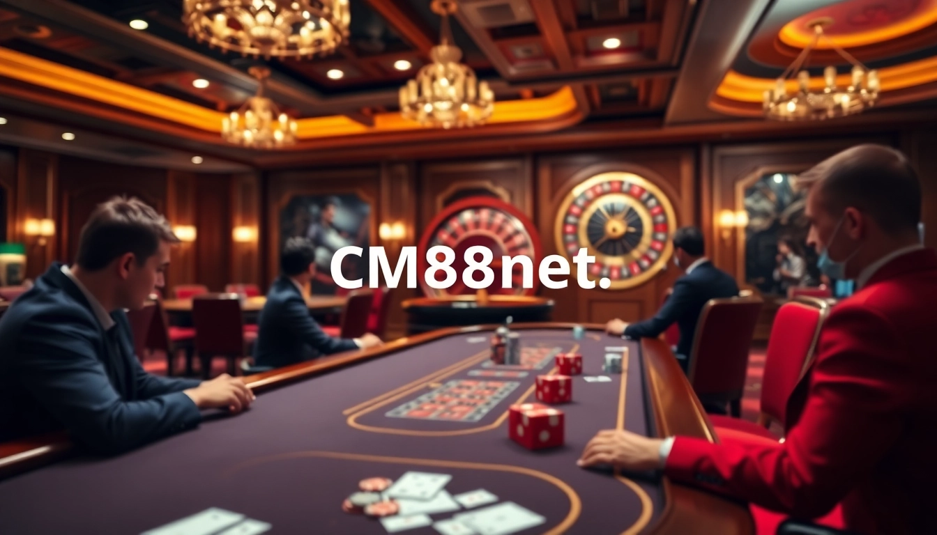 An engaging online gambling scene featuring players at tables, showcasing excitement at https://cm88net.com/ gaming experience.
