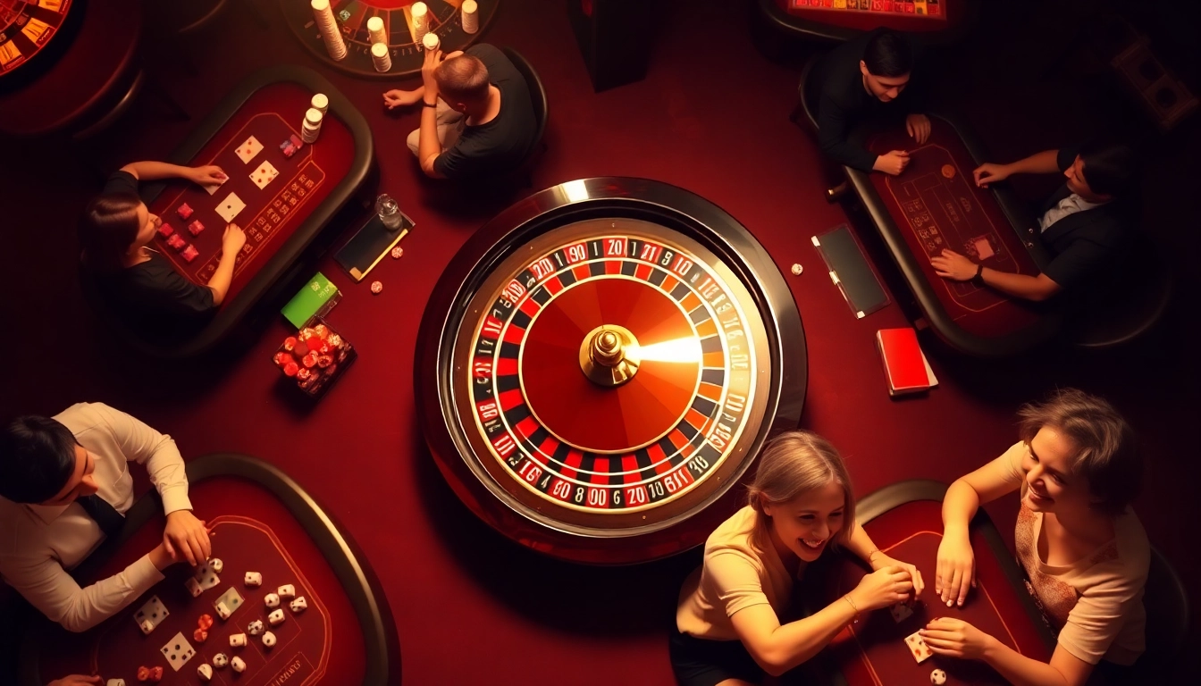 Players enjoying a thrilling game at 58win's upscale casino, featuring poker chips and a spinning roulette wheel.