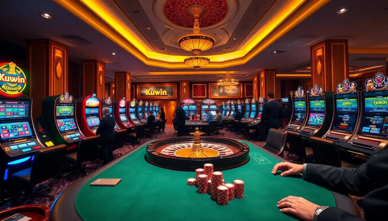 Kuwin casino players enjoying high-stakes poker at a luxurious gaming table surrounded by vibrant machines.
