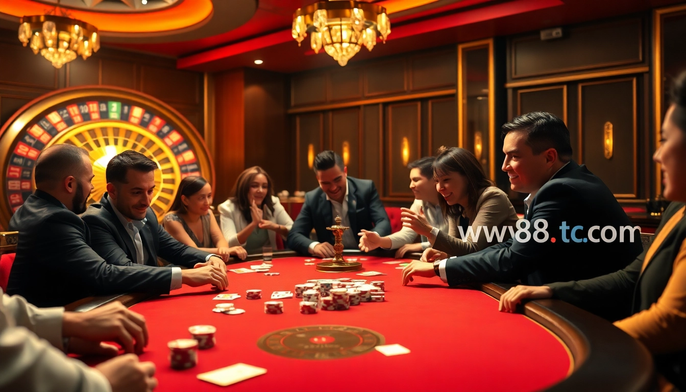 Players enjoying a thrilling poker game at a luxurious casino table, inspired by http://ww88tg.com/.
