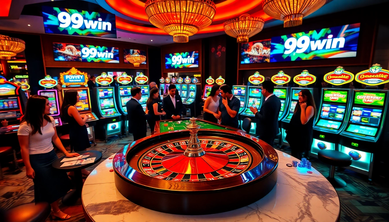 Experience vibrant gambling action with the 99win roulette wheel and poker players in a luxurious casino setting.