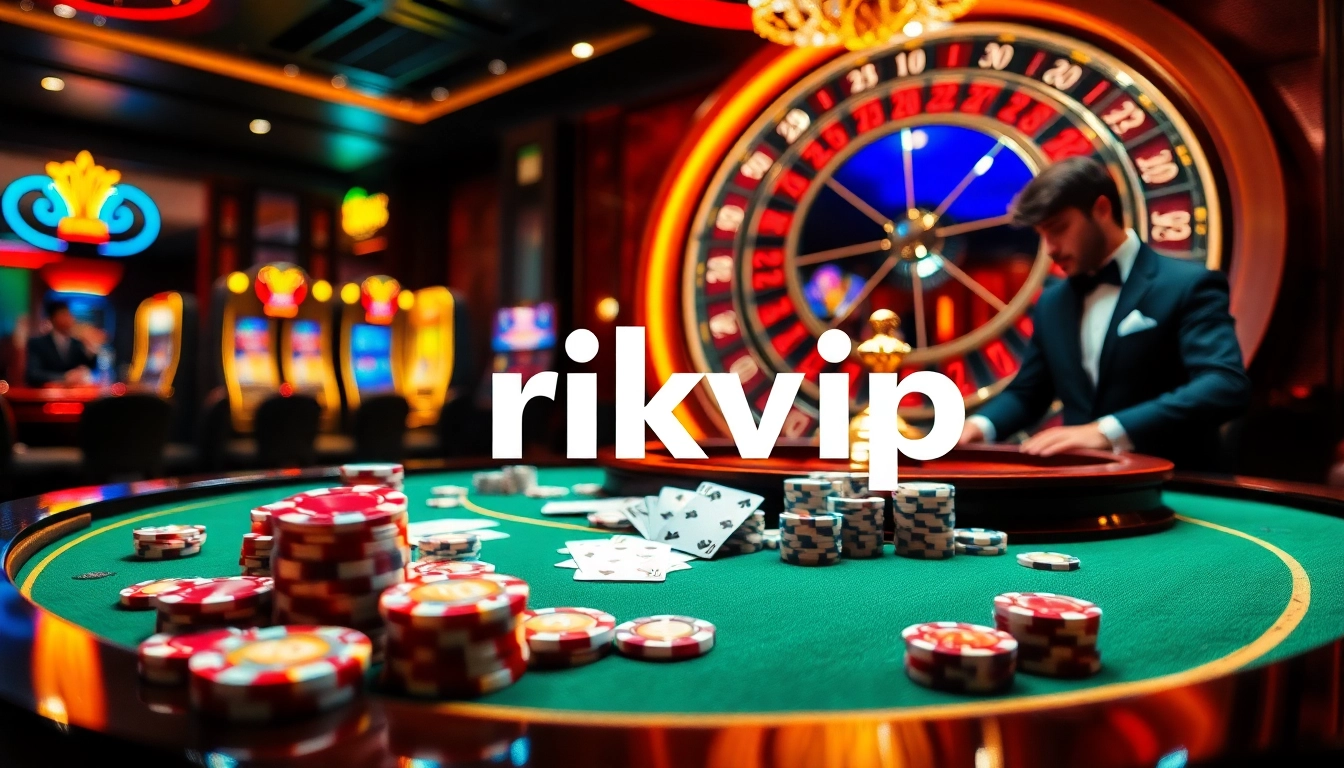 Experience the thrill of winning at rikvip with a luxurious casino gaming scene featuring poker and roulette.