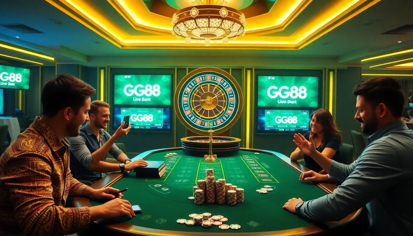 Players enjoy a thrilling casino experience with GG88 poker games and vibrant betting atmosphere.