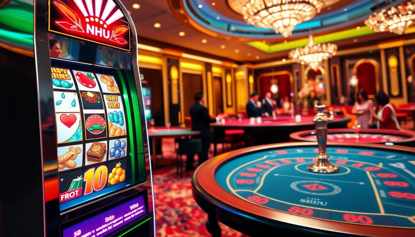 Nohu players enjoying a vibrant casino atmosphere with engaging slot machines and card games.