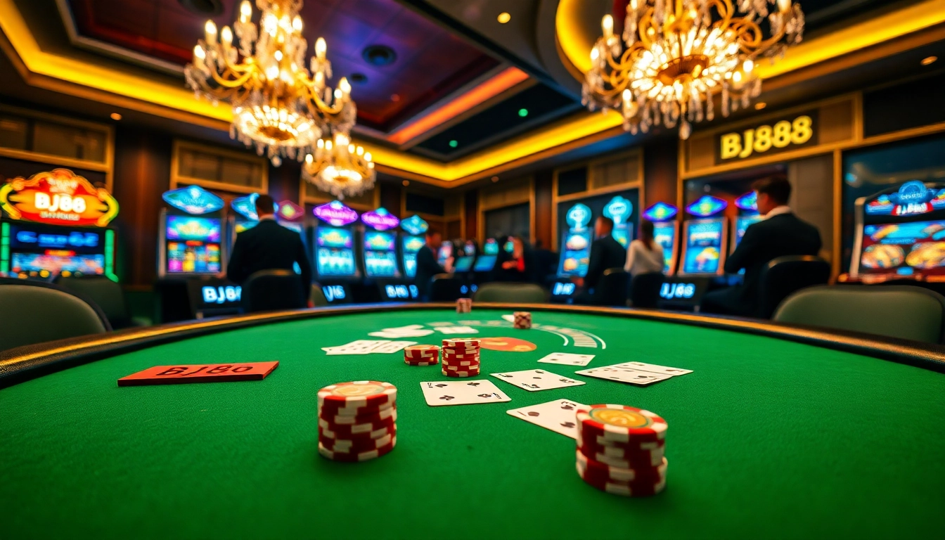 Active players enjoying blackjack at the BJ88 casino table, highlighting excitement and luxury.