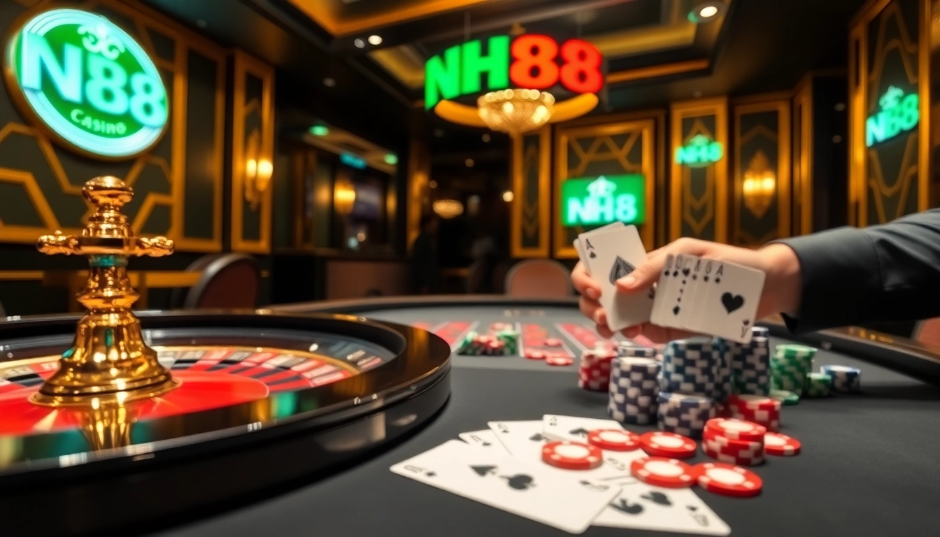 Experience dynamic gambling action at NH88 casino with roulette, poker chips, and cards.