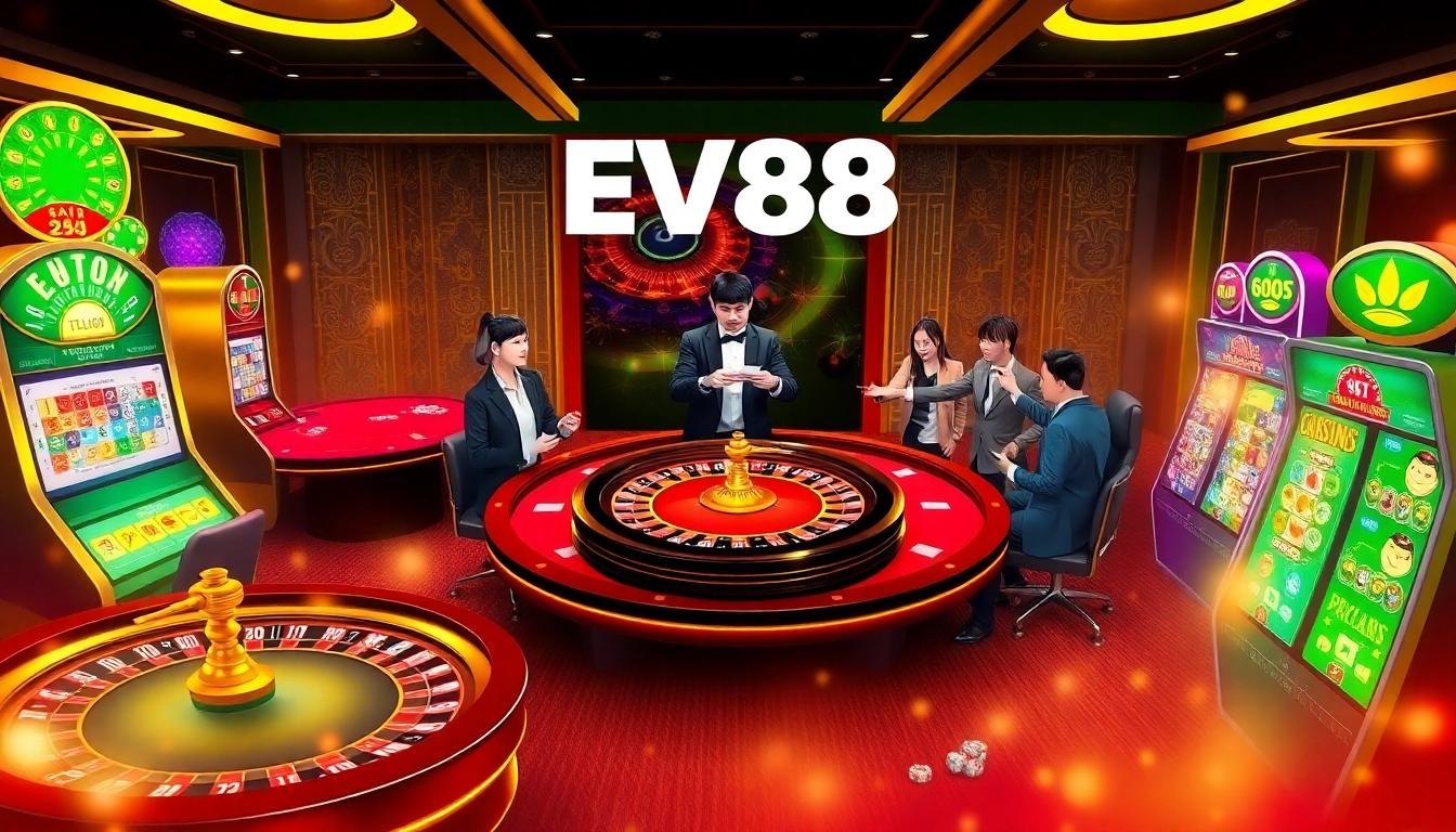Players enjoying an exciting game at ev88 casino with vibrant slot machines and professional dealers.