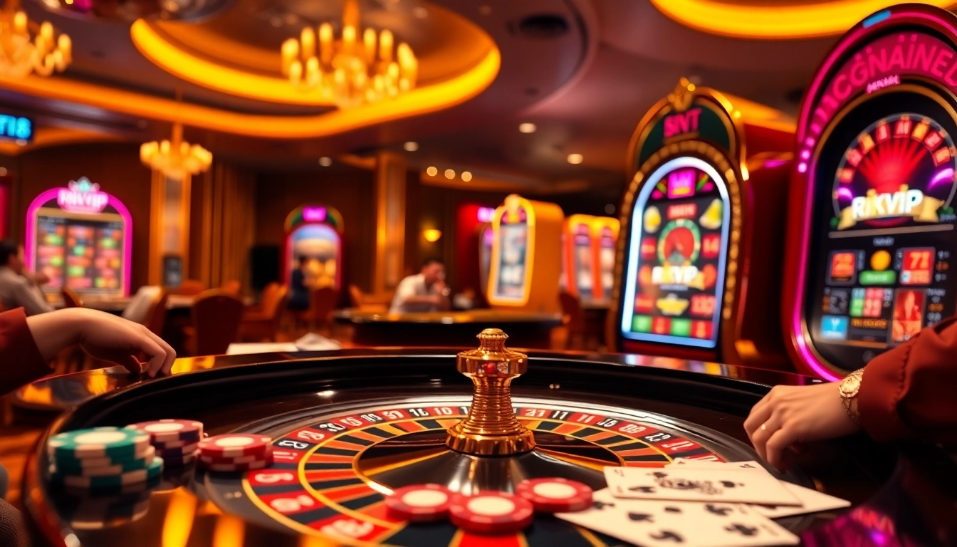 Experience the excitement of gambling with rikvip at a vibrant casino scene featuring roulette and poker.