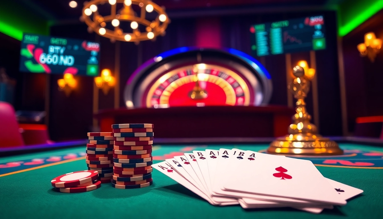 Exciting online gaming scene featuring 888vnd ATQ casino table with poker chips and cards.