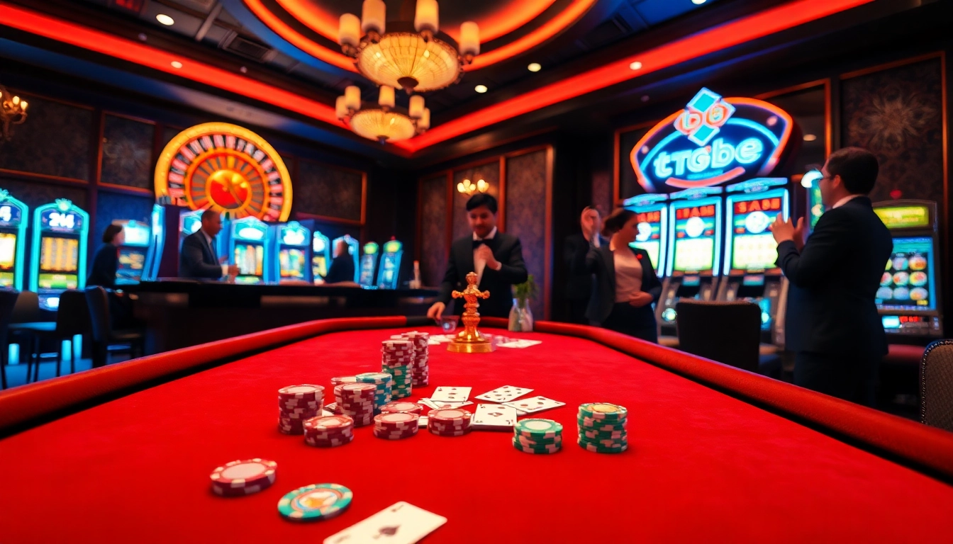 Engaging scene showcasing players enjoying tg88 bet at a luxury casino table with poker chips and cards.