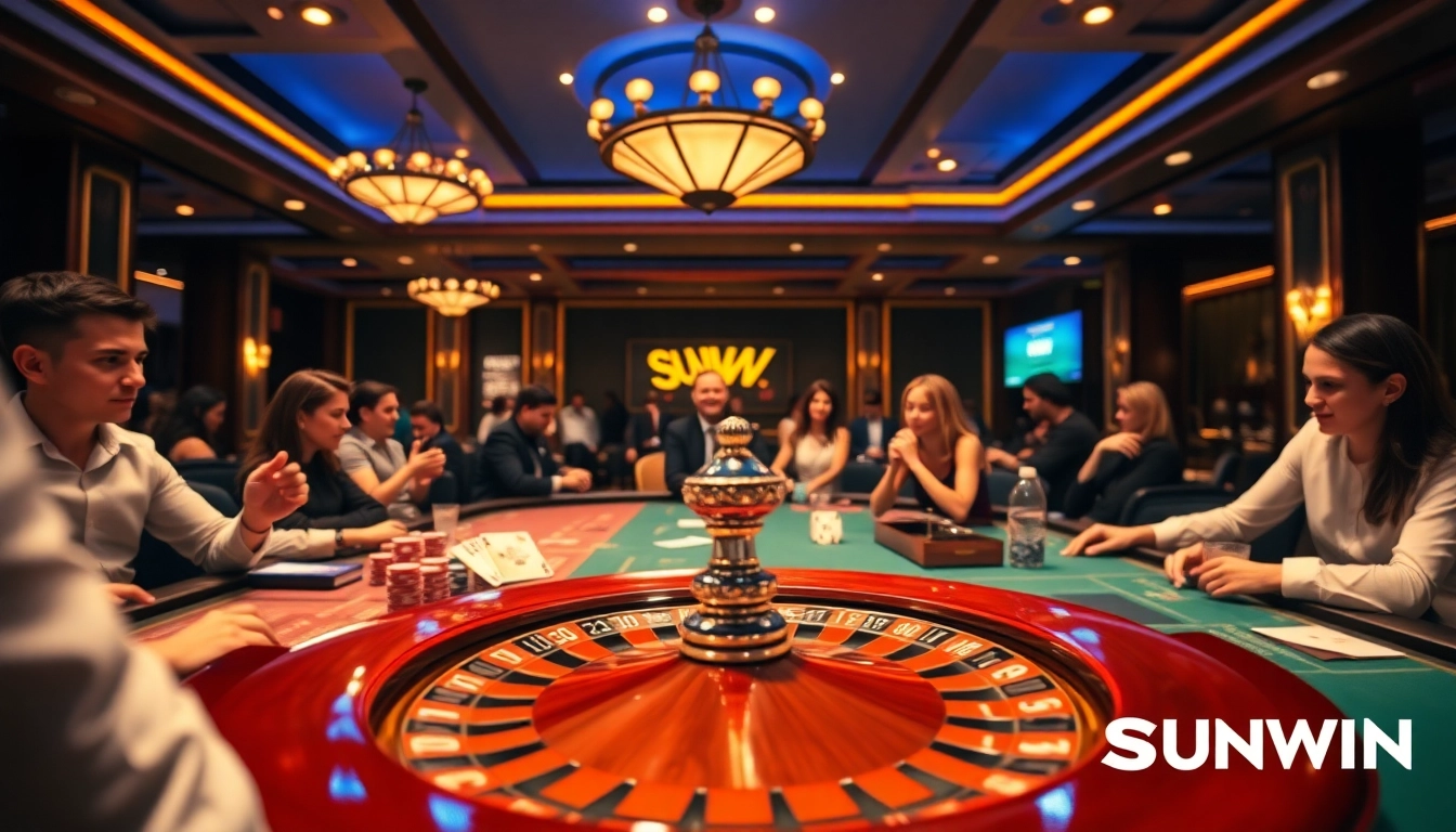 Exciting gameplay at a SUNWIN casino with vibrant poker chips and cards highlighting thrilling gambling action.