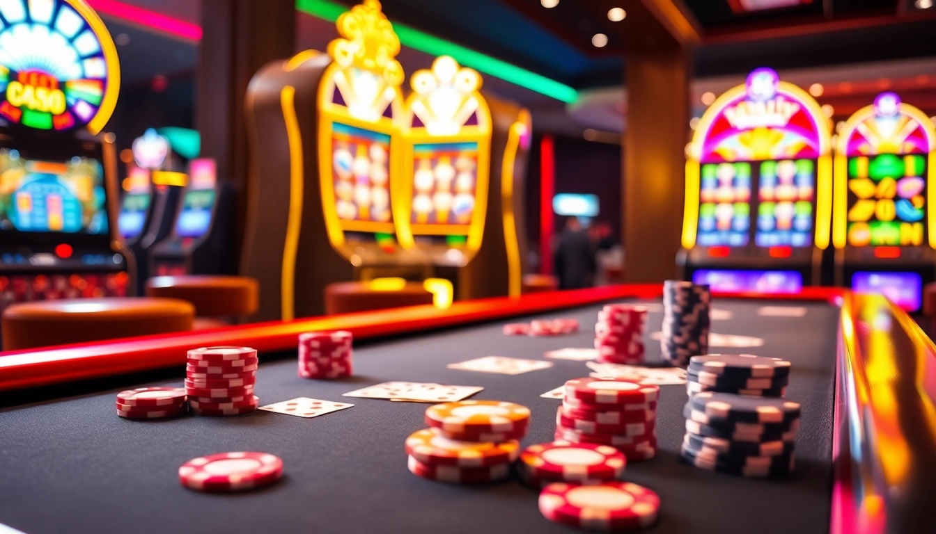 Experience the excitement of Luckywin through a vibrant casino scene featuring dynamic gambling tables, colorful chips, and illuminated slot machines.