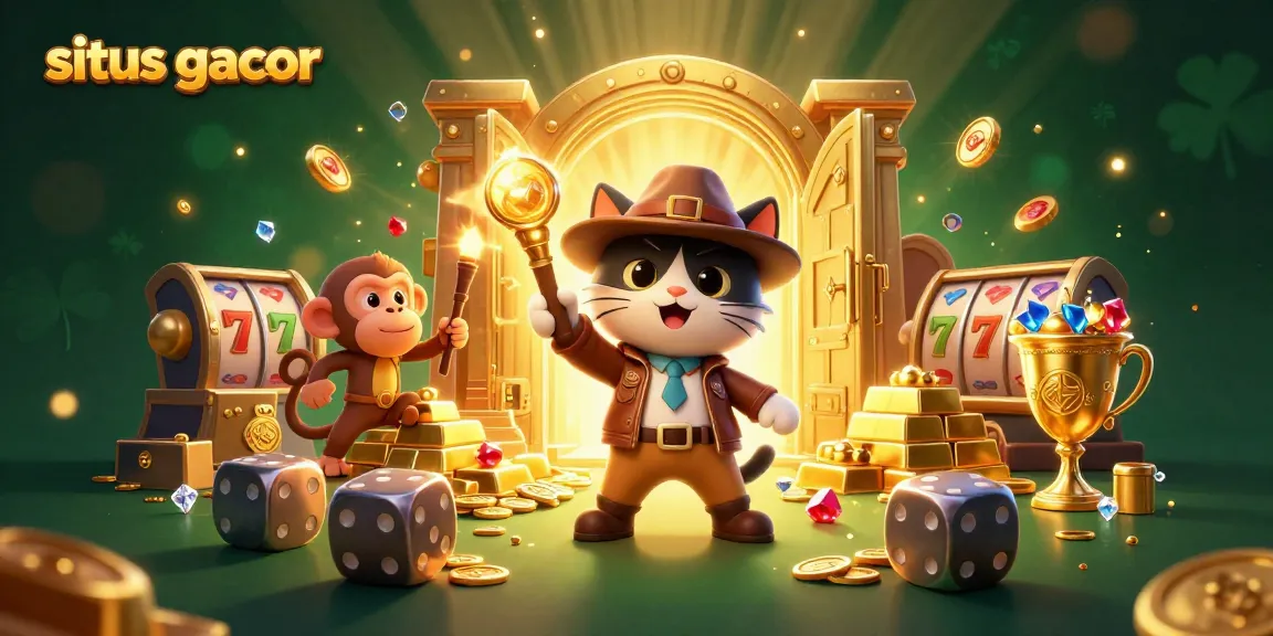 Situs gacor showcases a thrilling scene with a cartoon archaeologist cat discovering golden casino treasures amidst adventure.