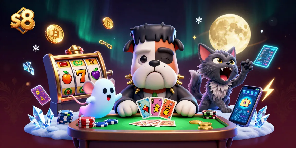 S8 casino features a playful bulldog dealing cards amidst lively slots, crypto coins, and vibrant animations.
