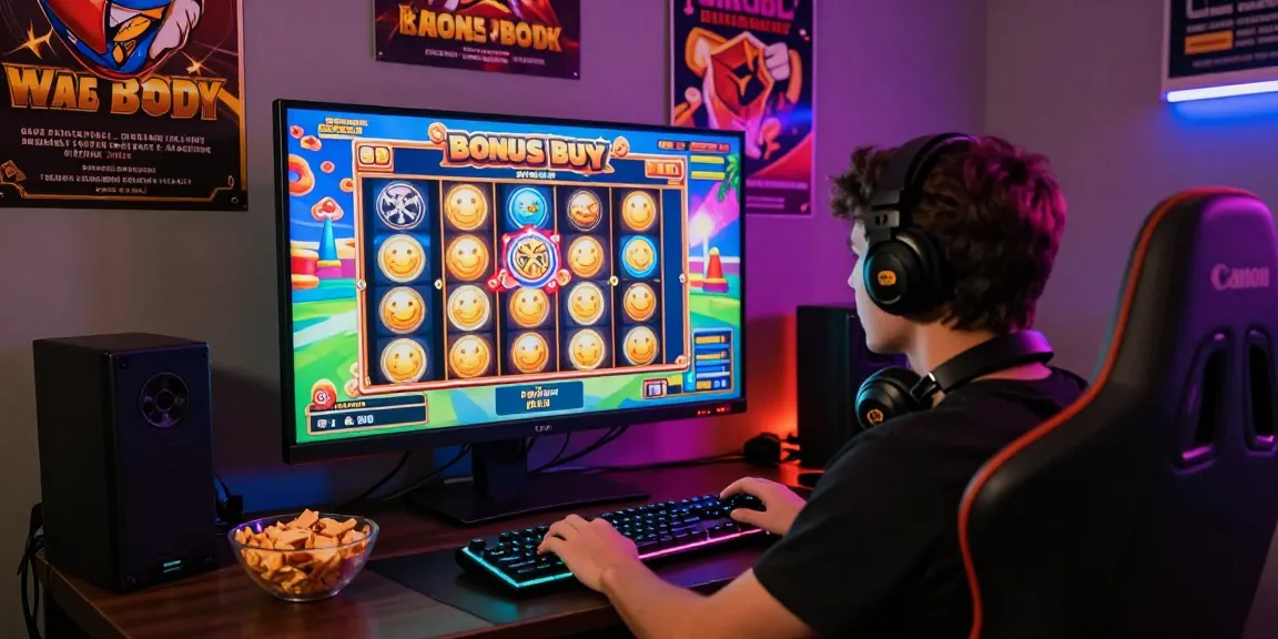Online gaming enthusiast at https://crownnorthill.co.uk enjoying bonus buy slots in a vibrant gaming room.