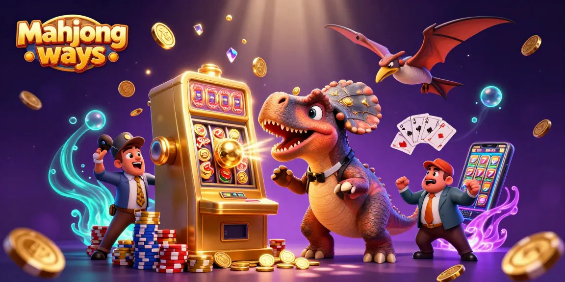 Experience mahjong ways with a dynamic scene of cartoon dinosaurs enjoying a big jackpot in a casino setting.