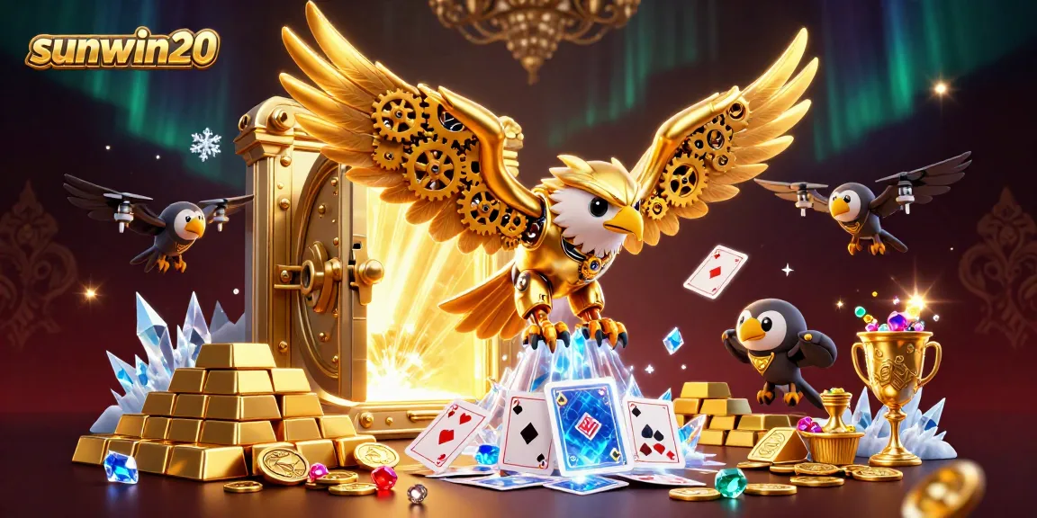 Experience the flying action of the sunwin20 eagle surrounded by cascading playing cards and treasure.