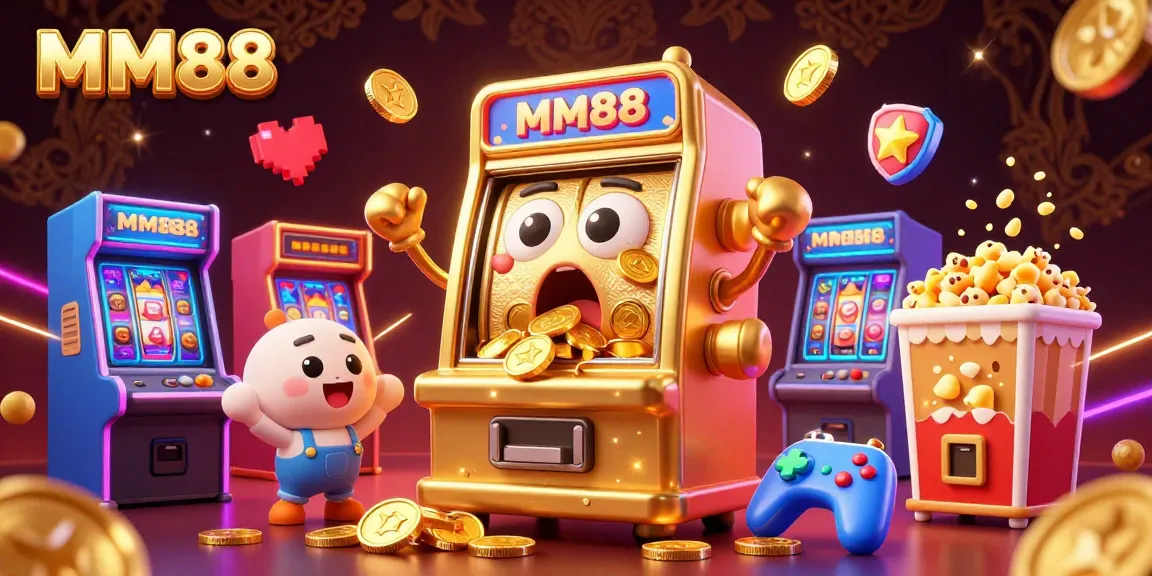 Experience casino excitement with MM88 as the golden slot machine hits the jackpot, surrounded by cheers and colorful arcade elements.