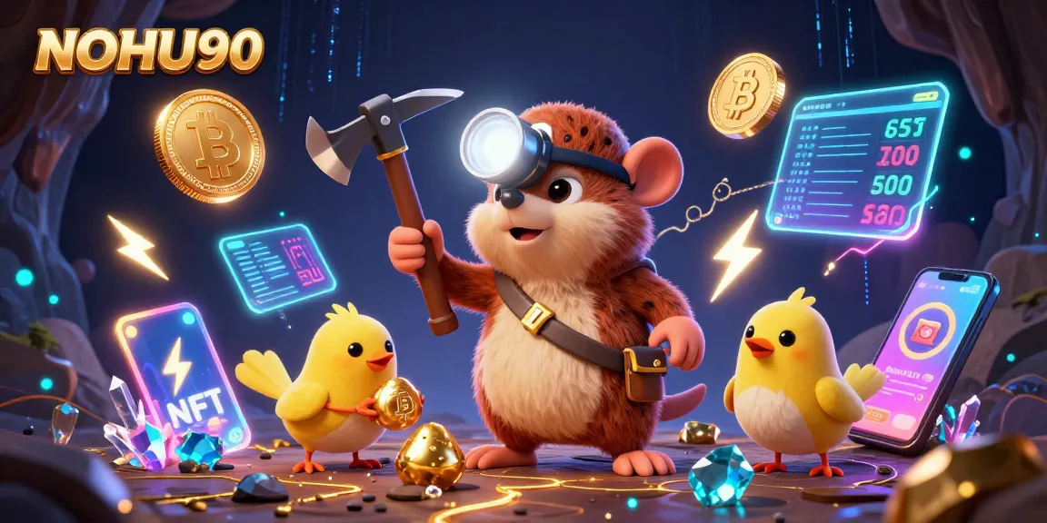 Spin and win big at NOHU90's vibrant 3D casino gaming experience with treasure hunter and crypto elements.